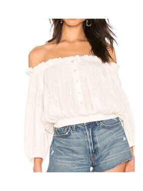 We the Free Ivory Size S Cropped Off Shoulder Buttoned Front Sheer Boho Top